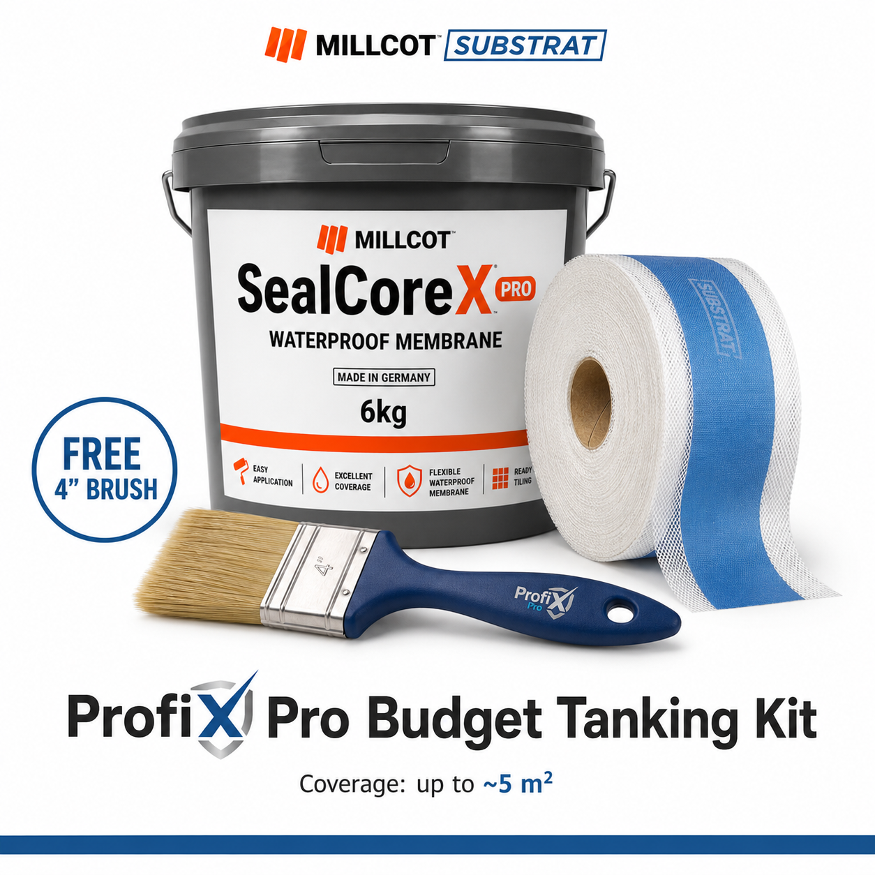 MILLCOT SUBSTRAT ProfiX Pro Budget Tanking Kit — SealCoreX liquid tanking membrane, ProfiX Pro fabric tanking tape and a free 4-inch trade brush for waterproofing a wetroom, arranged on a white background.
