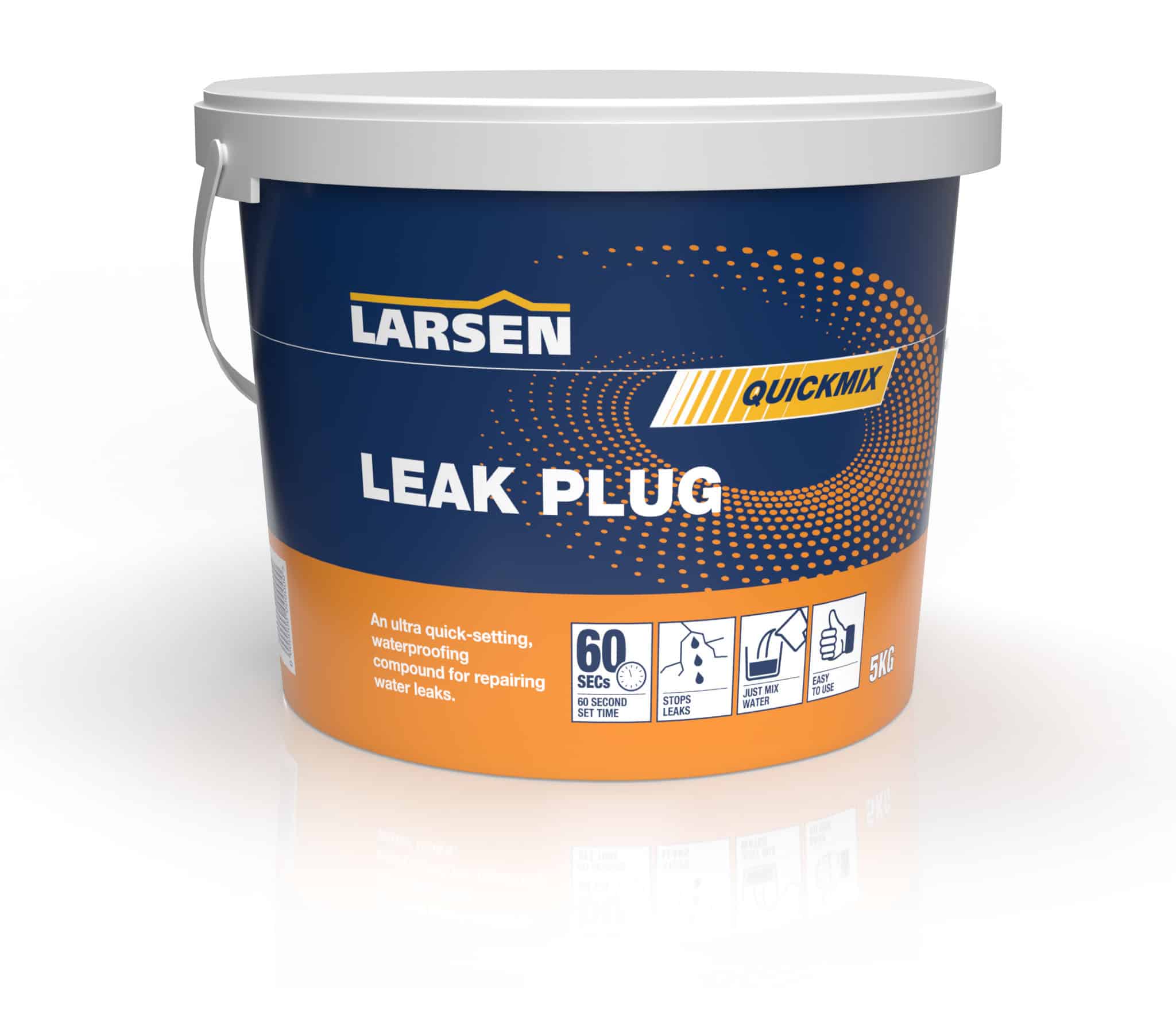 Larsen Quickmix Leak Plug secondary product view — alternative angle of the pack on a plain background to highlight the green Quickmix branding.