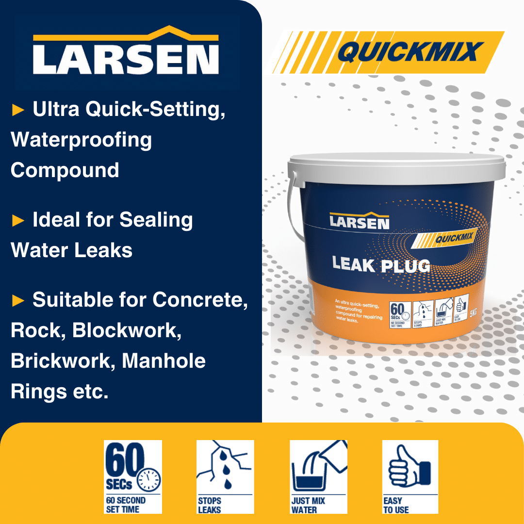 Larsen Quickmix Leak Plug brand graphic — social-post visual featuring the hydraulic leak-stopping cement.