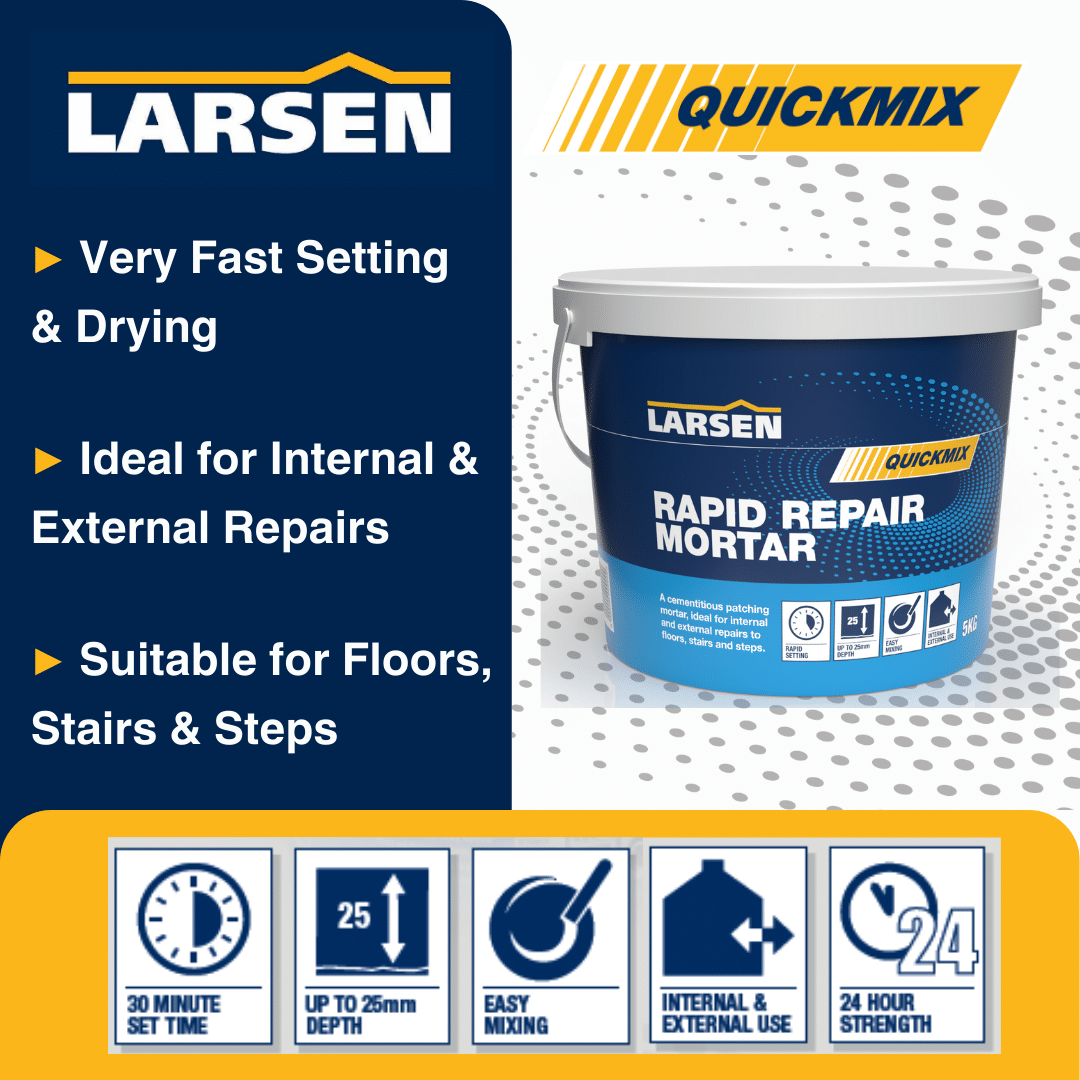 Larsen Quickmix Rapid Repair Mortar brand graphic — social-post visual featuring the rapid-set masonry and concrete patch mortar.