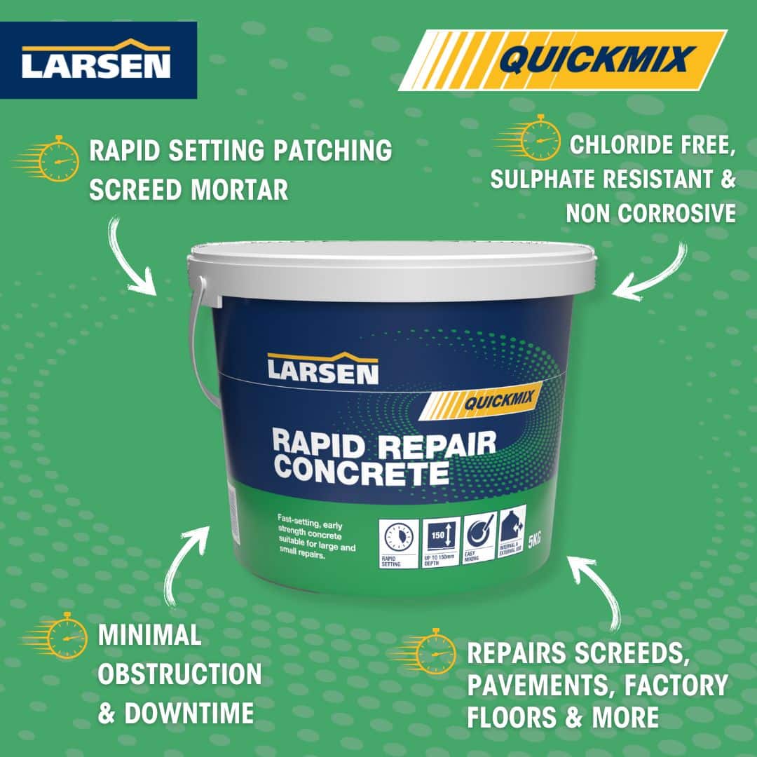 Larsen Quickmix Rapid Repair Concrete alternative packshot — bucket photographed on a clean background to highlight the green Quickmix branding.