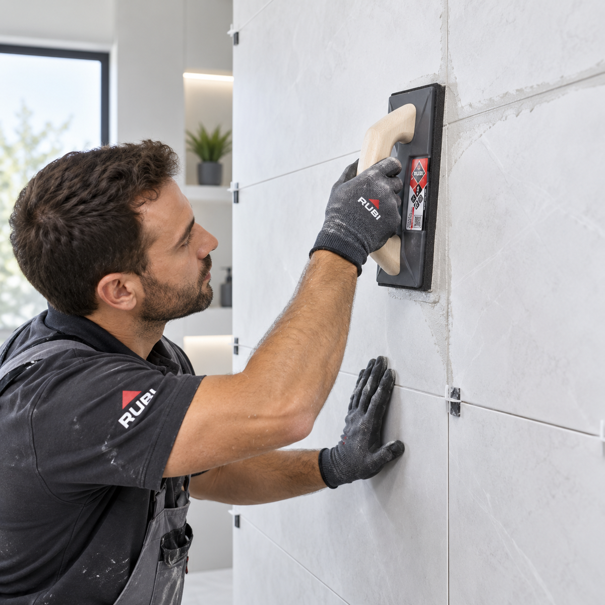 Rubi SuperPro Grout Float being used to grout porcelain wall tiles