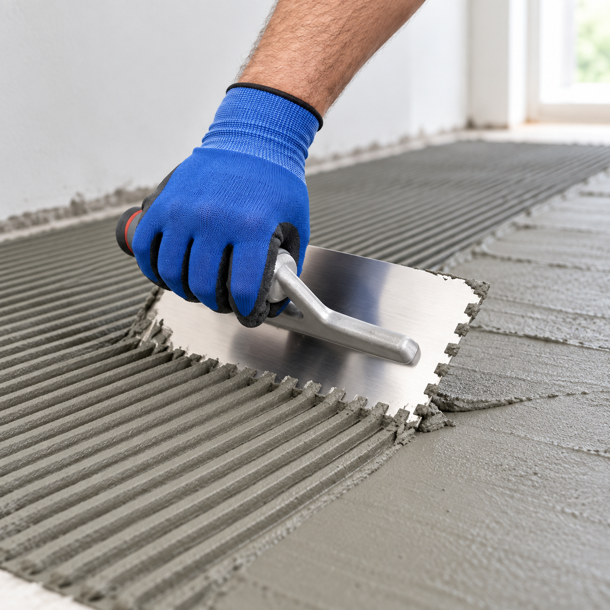 Professional tiler using Rubi stainless steel notched trowel to apply tile adhesive