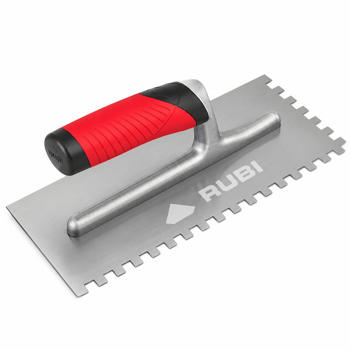Rubi stainless steel notched trowel with red and black RUBIFLEX handle