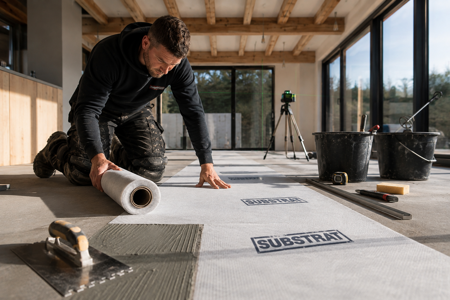 A man kneels on a floor installation site, unrolling a roll of SUBTRAT DecoupleX decoupling membrane over a prepared substrate. Construction tools, buckets, and a laser on a tripod are visible in a modern, sunlit building interior.