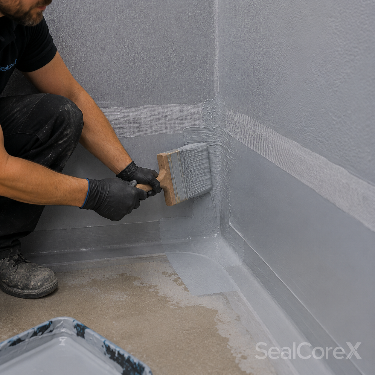 Installer in black gloves brushing SealCoreX waterproofing coating onto a wall-floor junction corner with scrim tape reinforcement and a paint tray in the foreground