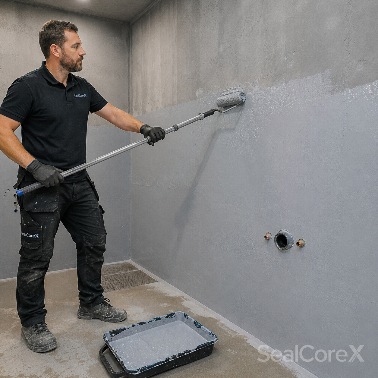 Tradesman in SealCoreX workwear applying grey waterproofing coating to a basement or wetroom wall using a long-handled roller, with pipe penetrations and a paint tray visible