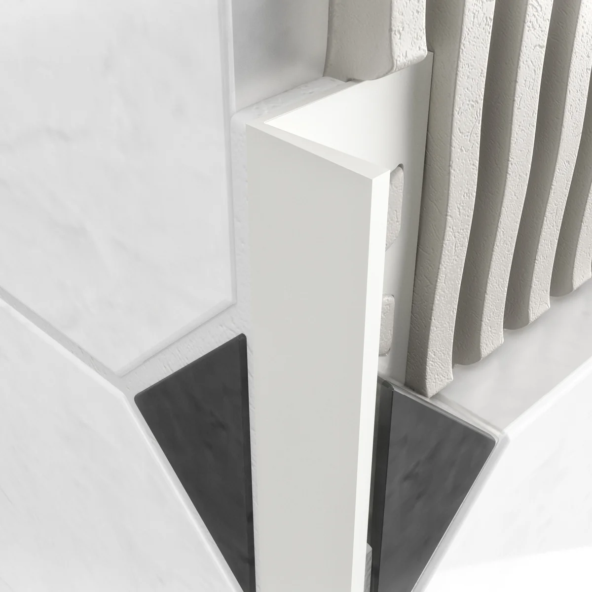 A-Trim white PVC straight edge tile trim close up on tiled external corner