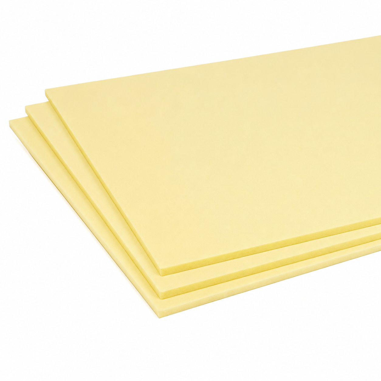 Three stacked light yellow insulation foam sheets shown on a plain white background.