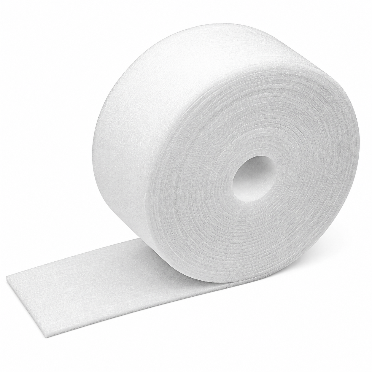 A roll of white perimeter insulation strip unrolled in front, photographed on a clean white background.