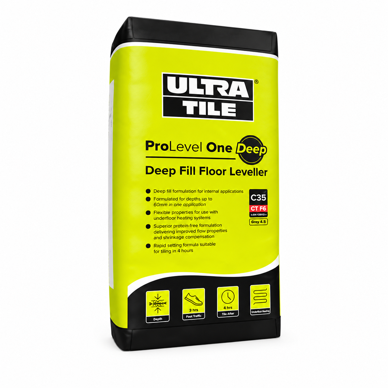 A bag of Ultra Tile ProLevel One Deep Deep Fill Floor Leveller, featuring a bright yellow-green and black packaging design with product details and application icons.