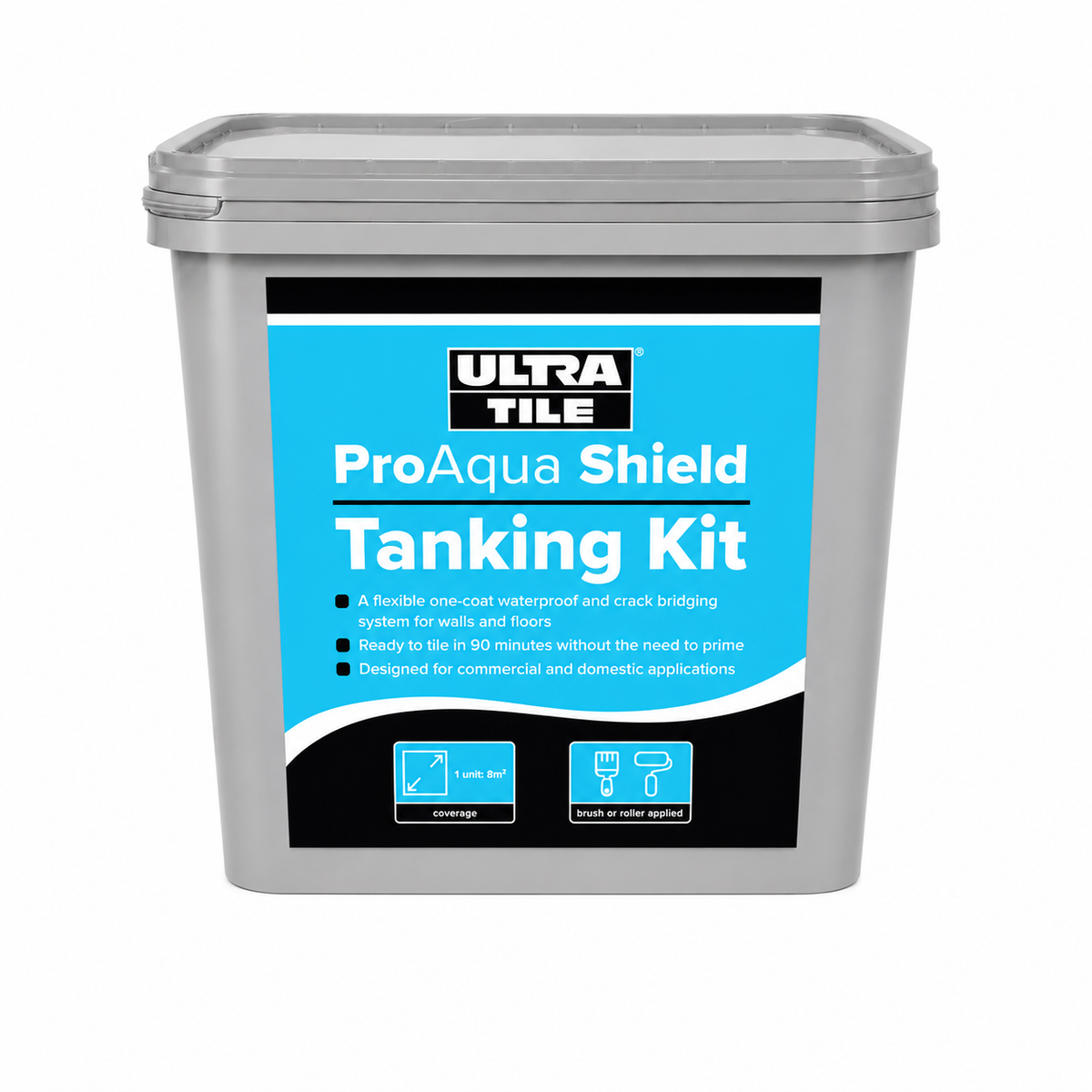 A gray plastic bucket of Ultra Tile ProAqua Shield Tanking Kit with a blue and black label, shown on a plain white background.