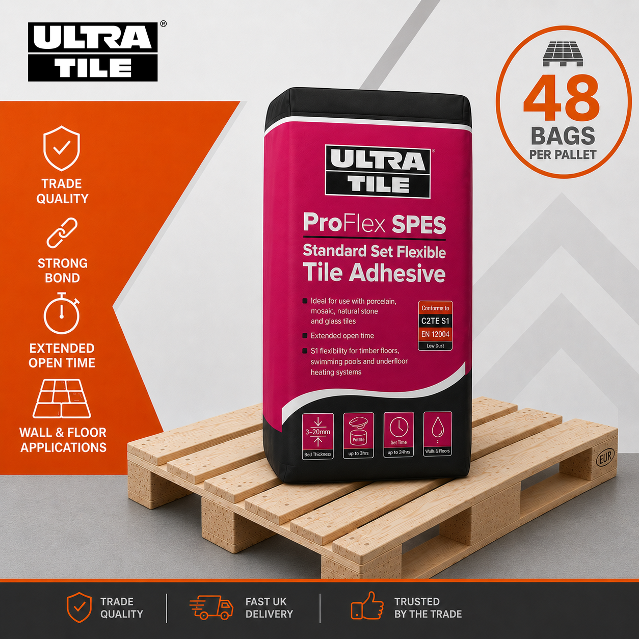 Ultra Tile Fix ProFlex SPES standard set flexible S1 tile adhesive white 20kg full pallet of 48 bags