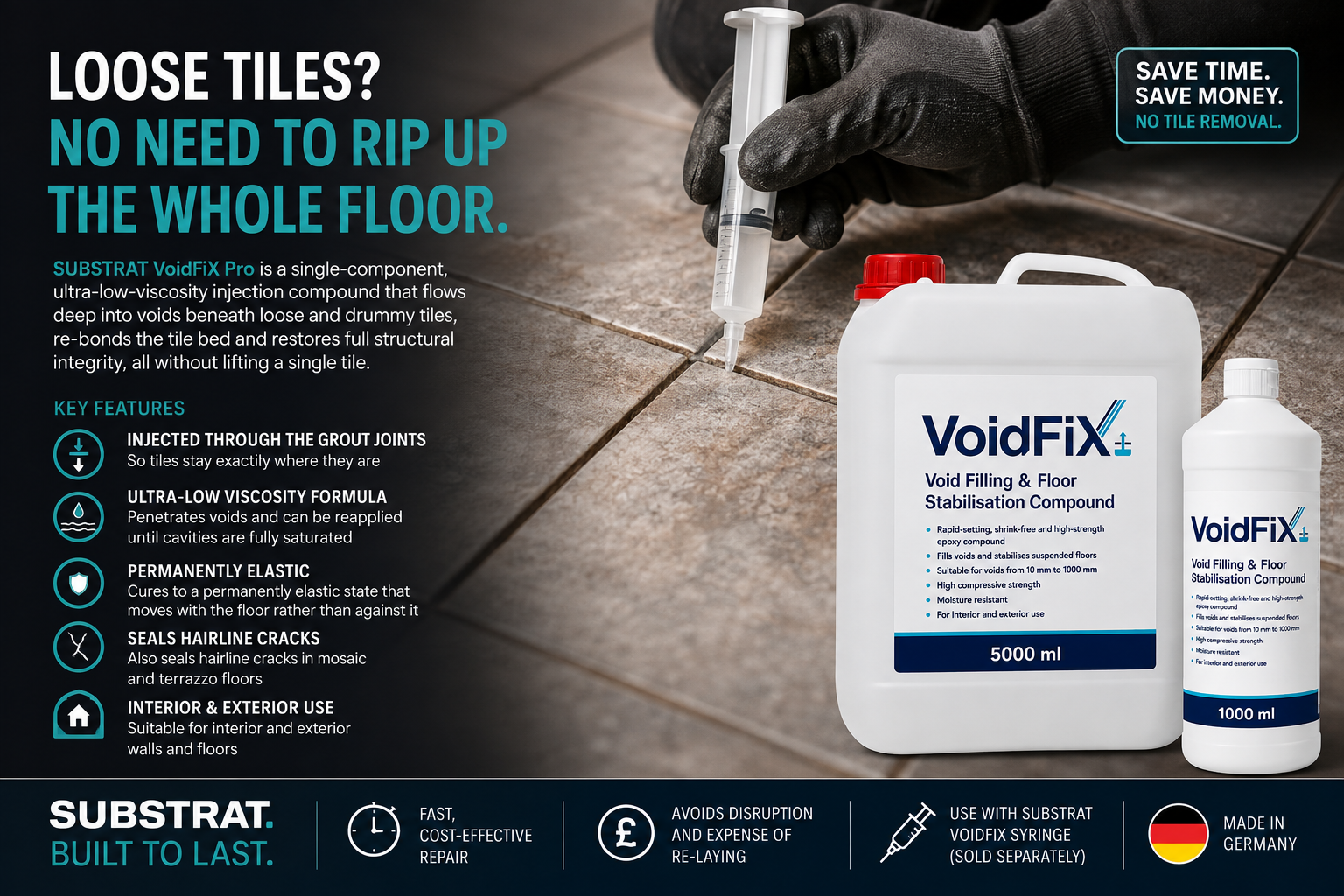VoidFix Pro loose tile filler compound shown in a dark tiled floor installation context, with a gloved hand holding a syringe applicator. The image features two white plastic jugs (5000 ml and 1000 ml) of VoidFix, along with key features and application benefits text.