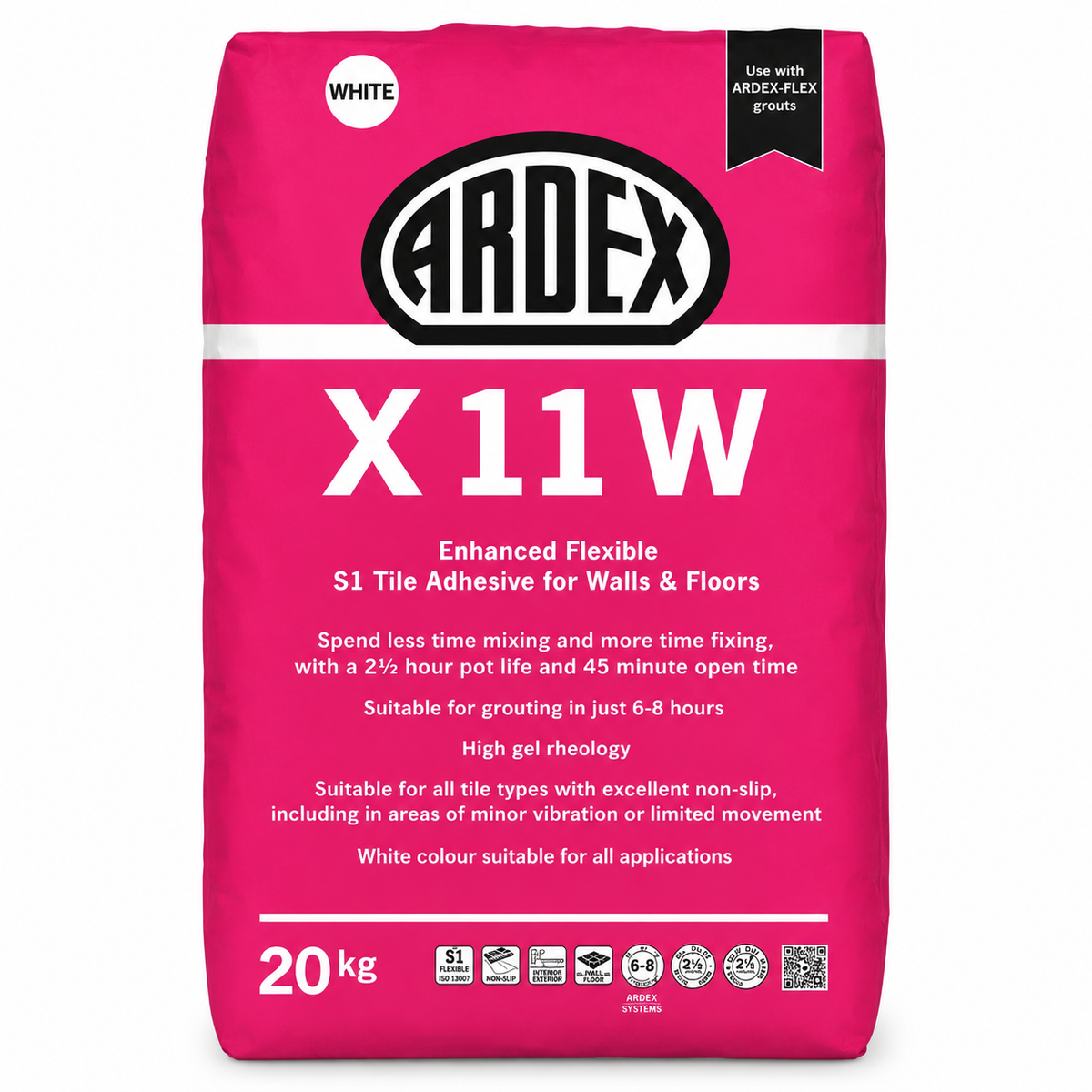 Ardex X 11 W Enhanced Flexible S1 Tile Adhesive White 20kg bag front view