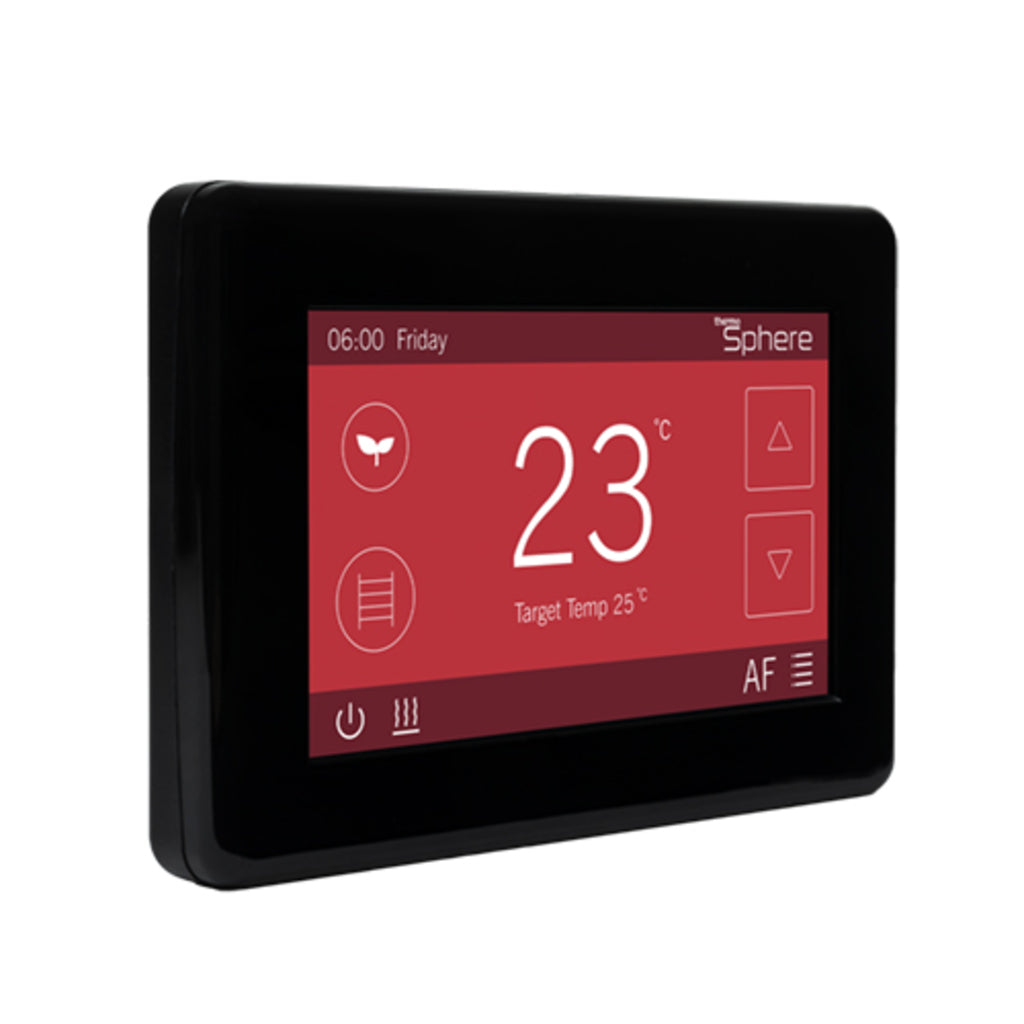 A black digital thermostat control panel with a red display screen showing the time, day, temperature, and control icons. The brand name 'The Sphere' is visible in the top right corner of the screen.