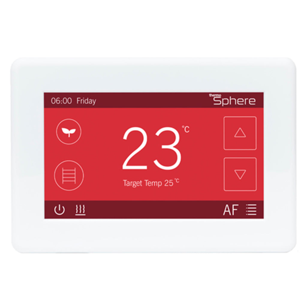 A white smart thermostat control panel with a red display screen showing the temperature 23 degrees Celsius and the Sphere logo in the top right corner.