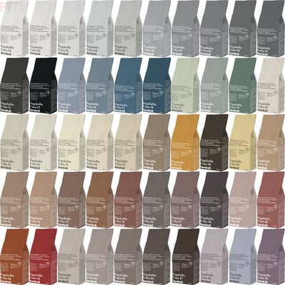 Kerakoll Fugabella Color full palette overview — chart showing the complete 50-shade cured-colour range available across the Fugabella system.