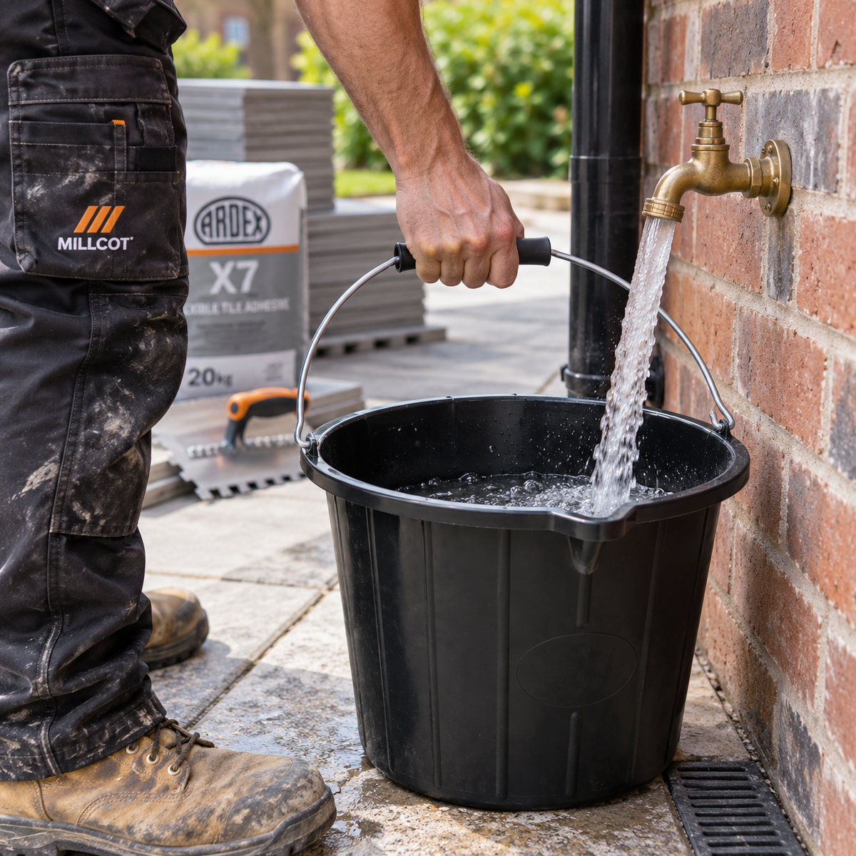 Tiler filling a heavy-duty black builders bucket with water from an outdoor tap on site