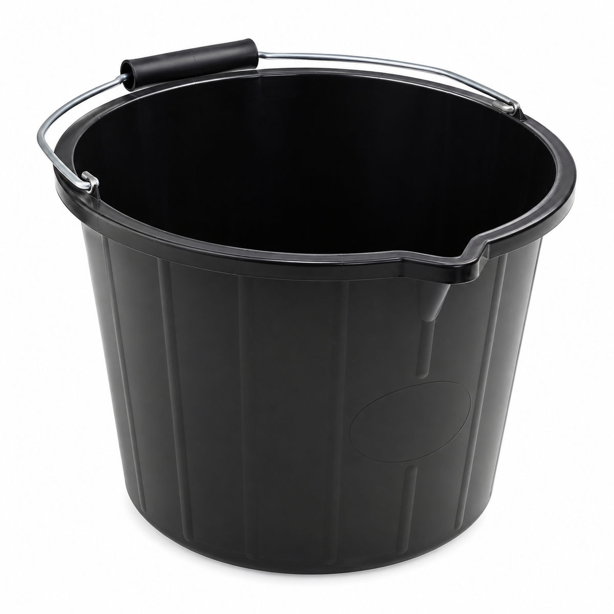 Millcot 3 gallon black builders bucket with metal carry handle and pouring lip on a white background