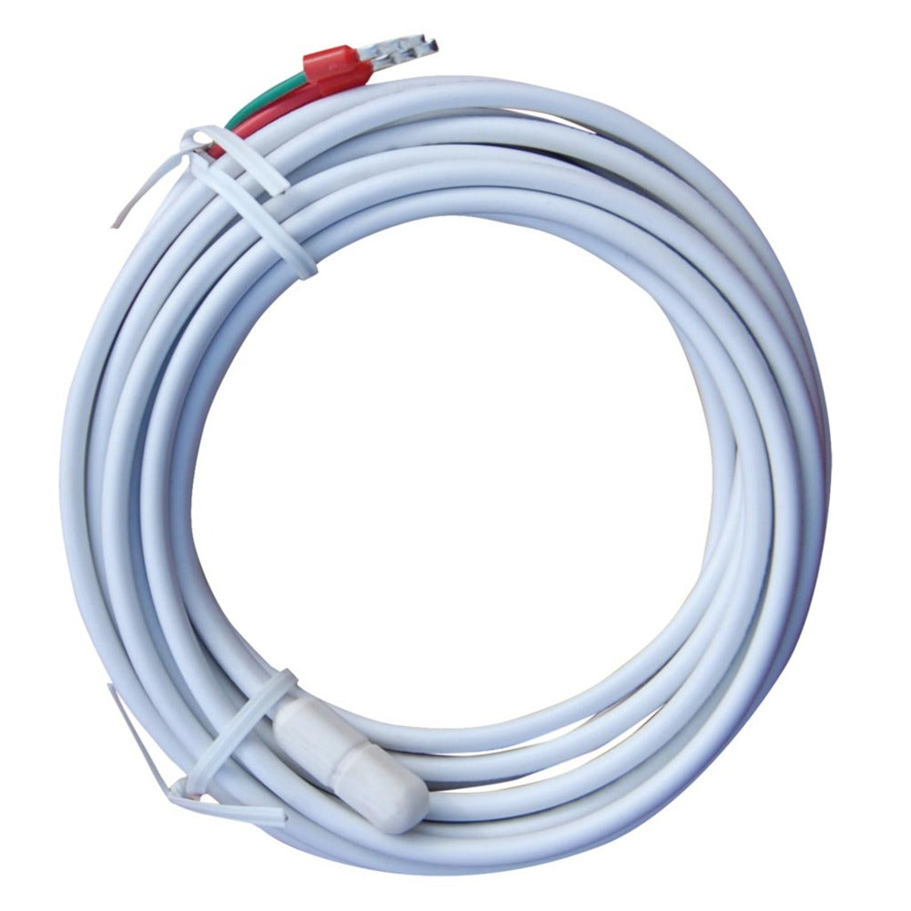 A coiled white cable with a white tie-wrap and a small connector showing red, green, and silver wires at the end, isolated on a white background.