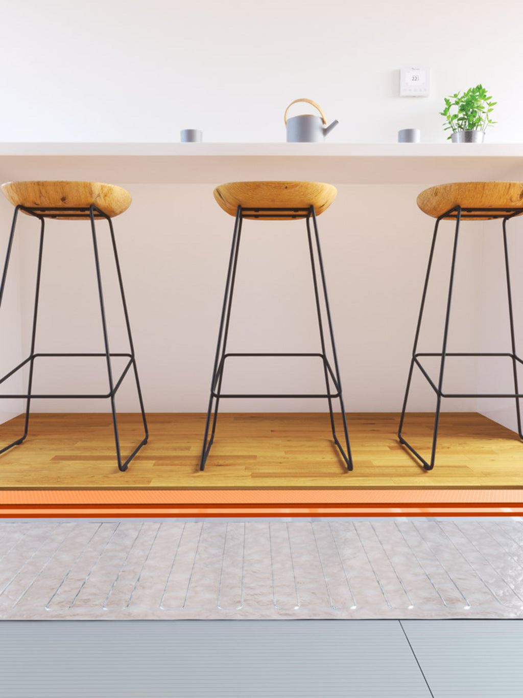 Three wooden bar stools with black metal wire legs are arranged along a white counter in a bright, modern interior with light wood flooring and a cutout showing the Thermosphere underfloor foil heating.