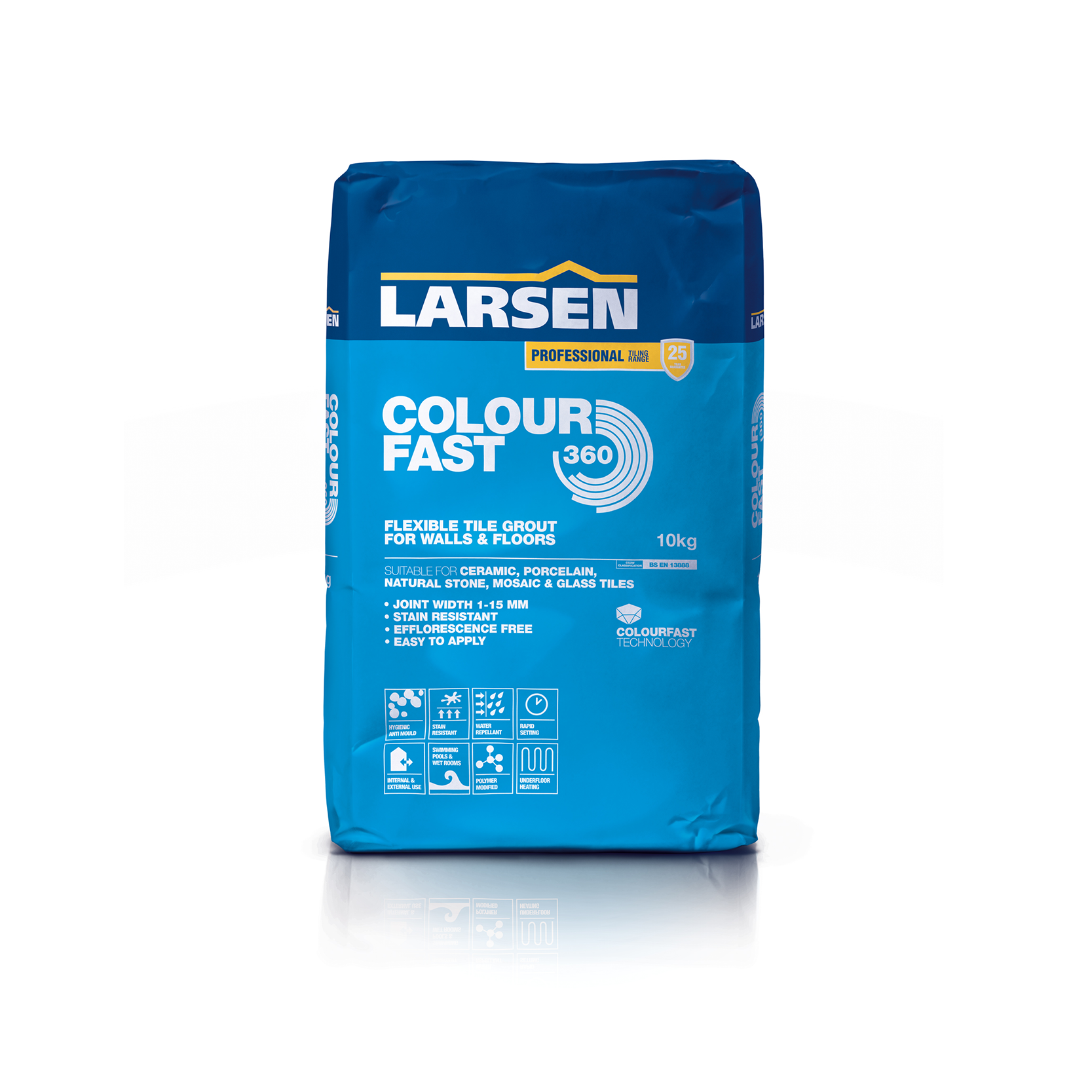 Bag of Larsen Colourfast 360° Grout Pro Range — main packshot of the fade-resistant flexible tile grout for wide-joint installations.