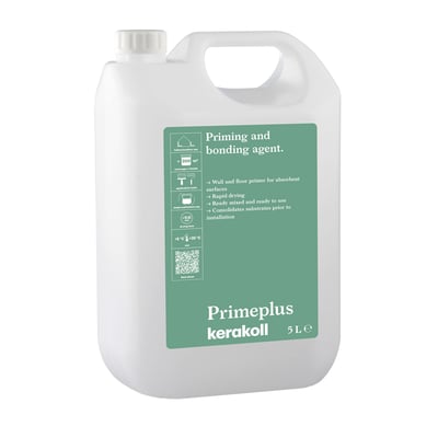 Kerakoll Prime Plus 5 litre bottle — technical information and application instructions on reverse label