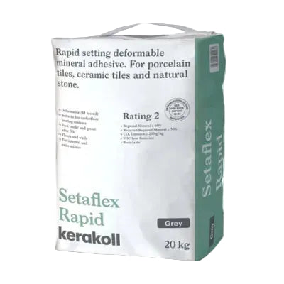 20kg sack of Kerakoll Setaflex Rapid Set S1 grey tile adhesive — front-face packshot showing Kerakoll branding and the grey colour indicator.