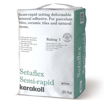 20kg sack of Kerakoll Setaflex Semi-Rapid Set S1 white tile adhesive — front-face packshot showing Kerakoll branding and the white colour indicator.