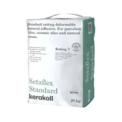 20kg sack of Kerakoll Setaflex Standard Set S1 white tile adhesive — front-face packshot showing Kerakoll branding and the Standard Set white variant.
