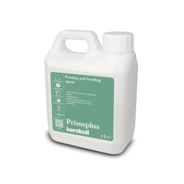 Kerakoll Prime Plus 1 litre bottle — technical information and application instructions on reverse label