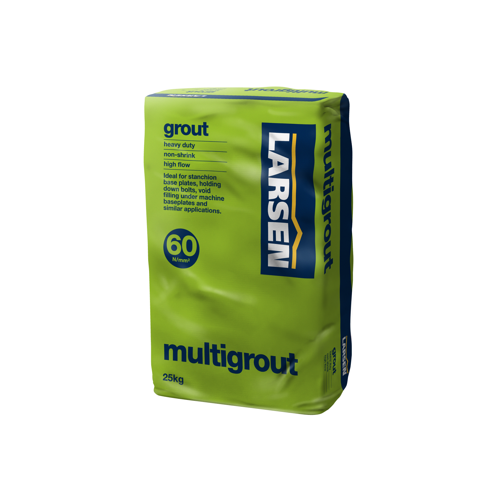 25kg bag of Larsen Non-Shrink Grout — main packshot of the high-strength shrinkage-compensated cementitious grout for structural fixings and machine bases.