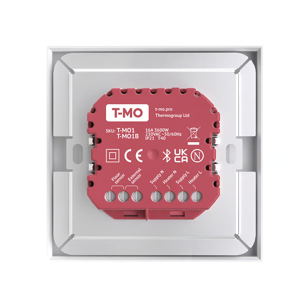 ThermoSphere T-MO smart thermostat — angled product view showing the side profile of the wall unit.