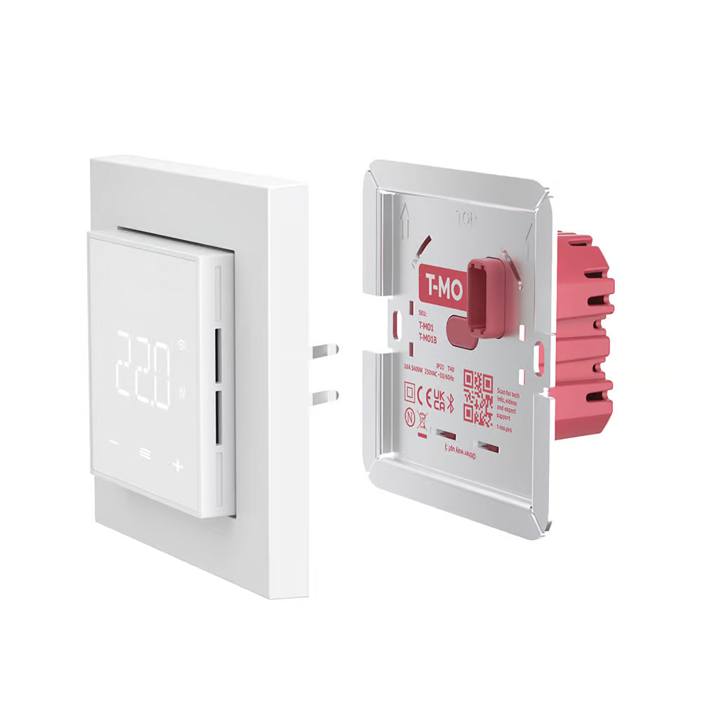ThermoSphere T-MO smart thermostat — feature view of the on-screen temperature and schedule display.