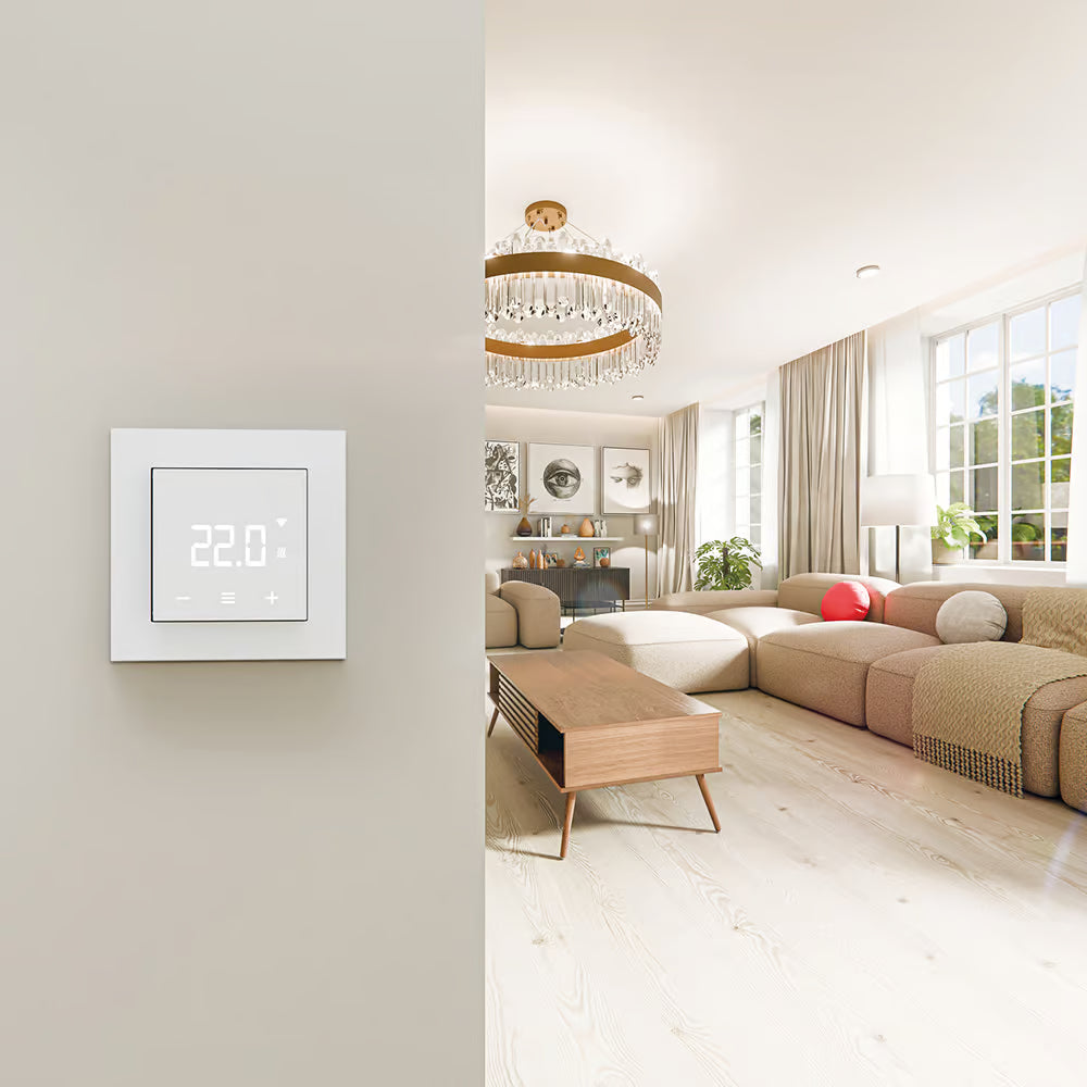 ThermoSphere T-MO smart thermostat — alternative front view showing the control interface and slim wall profile.