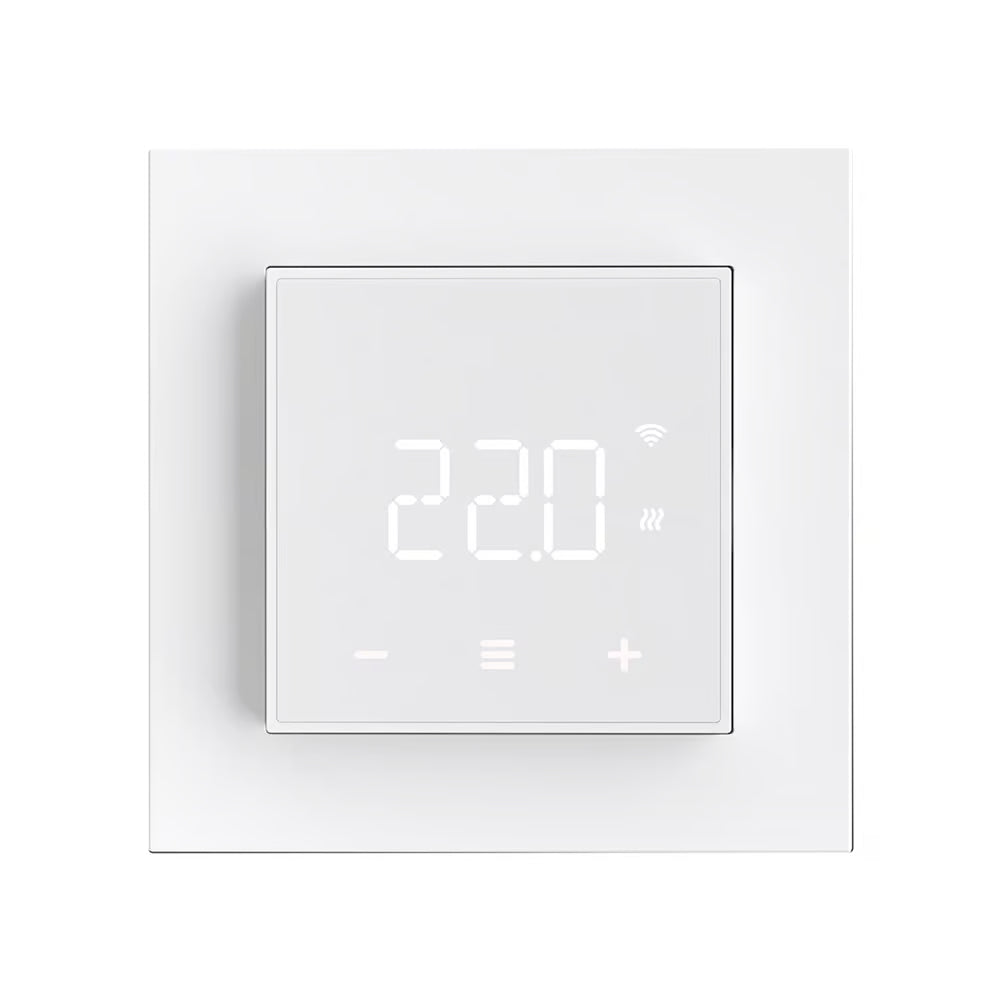 ThermoSphere T-MO smart thermostat in white finish — front view showing the touch-screen display on the wall.