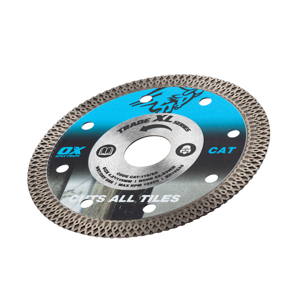 OX Trade XL Cuts All Tiles 115mm diamond blade — packshot of the 4.5 inch angle-grinder blade designed for porcelain, ceramic and natural stone tiles.