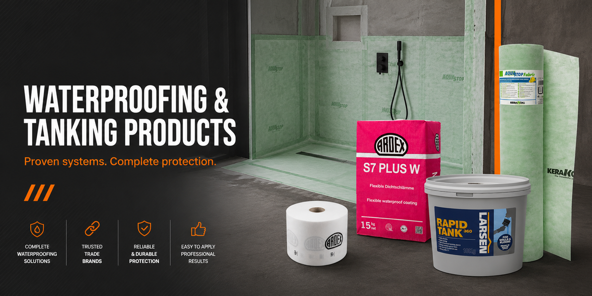 Waterproofing and tanking products for wetrooms and showers, featuring ARDEX, Kerakoll and Larsen systems alongside a waterproofed shower installation.