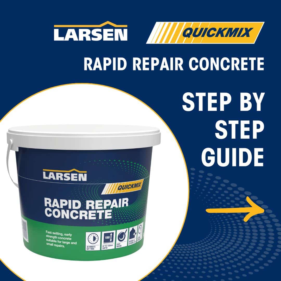 Step 1 of the Larsen Quickmix Rapid Repair Concrete process — assessing the damaged concrete area to be patched.