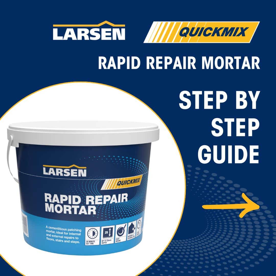 Step 1 of the Larsen Quickmix Rapid Repair Mortar process — assessing the damaged masonry or concrete area to be patched.