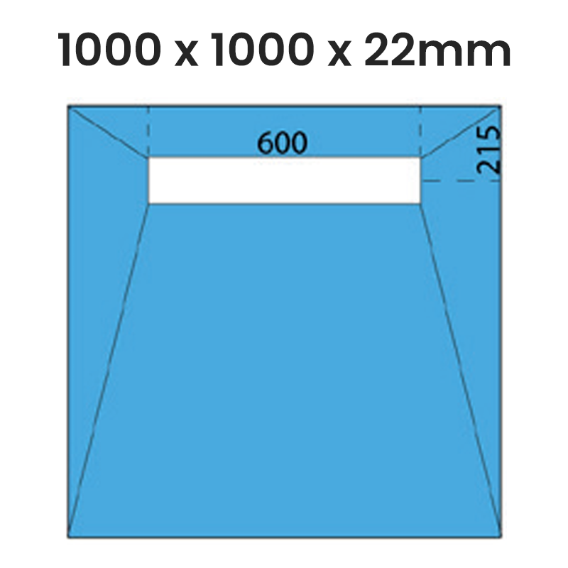 Ultra Tile ProDeck Linear 1000 x 1000 x 22mm wetroom tray dimension diagram showing 600mm linear drain positioned 215mm from edge
