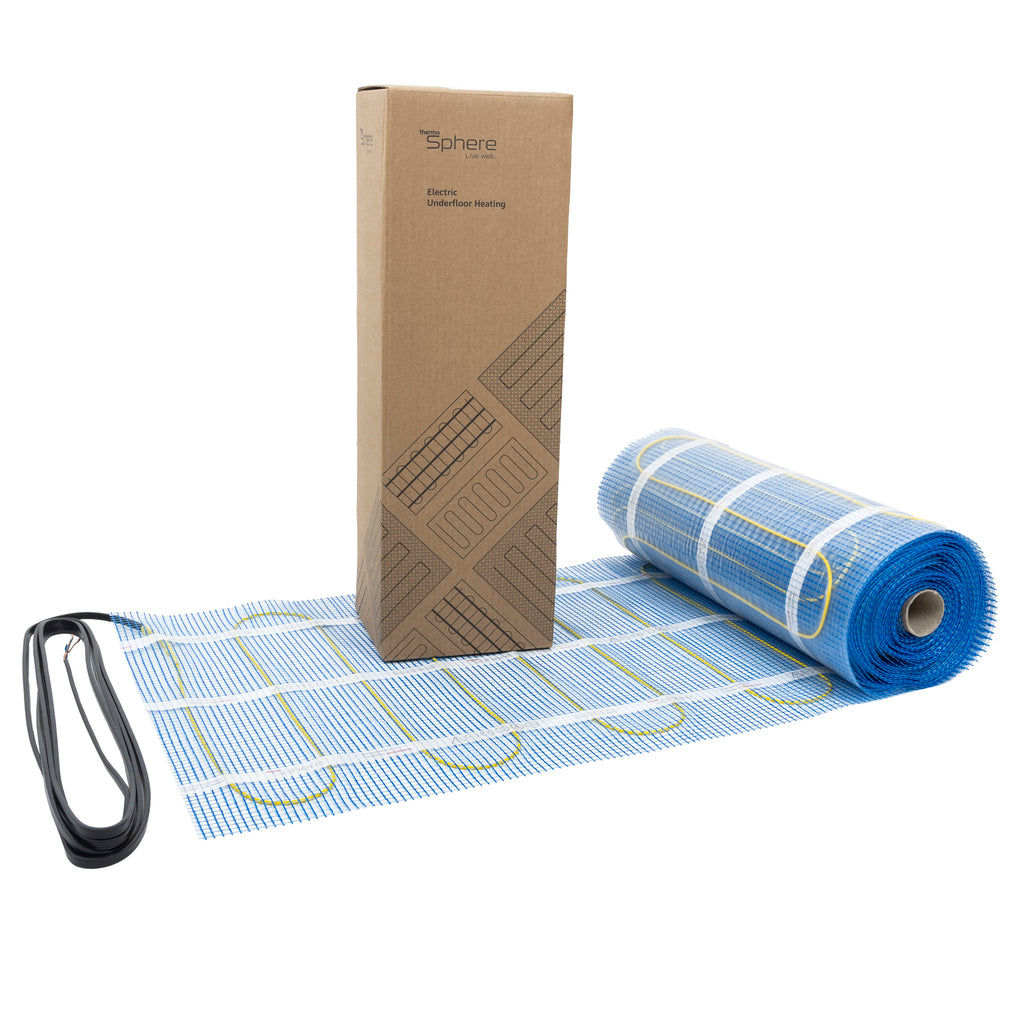 Thermosphere electric underfloor heating mat shown unrolled with its brown cardboard packaging box and a black cable on a white background.