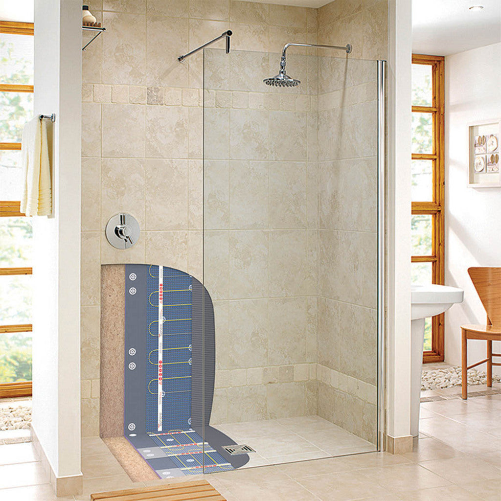A frameless glass shower door installed in a tiled bathroom shower enclosure, shown with a transparent panel overlay highlighting the glass profile and hardware details.  Cutout on the tiled wall and floor shows the Thermosphere heating mesh behind.