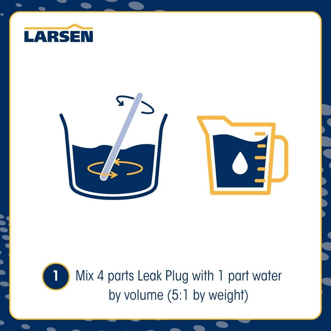 Step 2 of the Larsen Quickmix Leak Plug application — emptying the hydraulic cement powder into a clean mixing container.