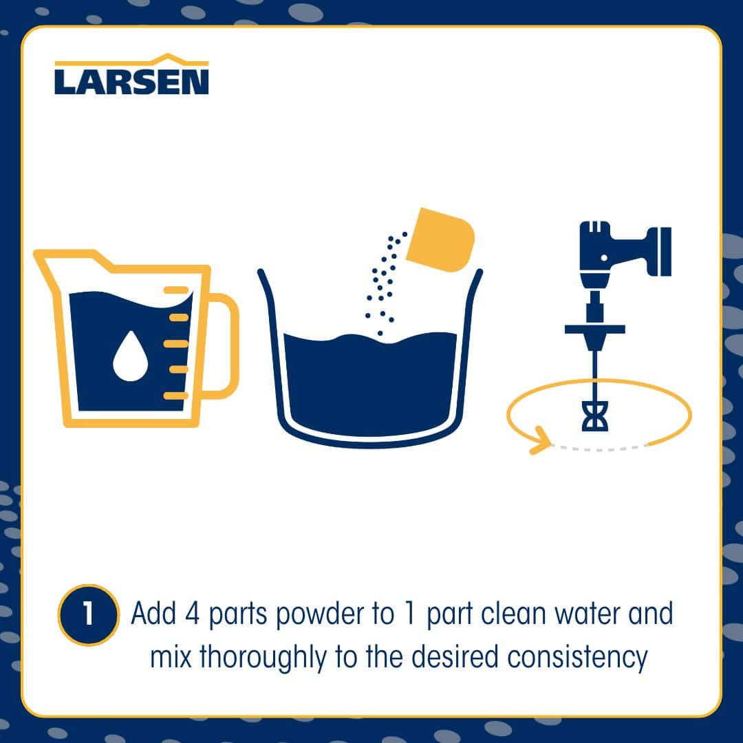 Step 2 of the Larsen Quickmix Sand & Cement application — emptying the dry mix into a clean mixing tub.