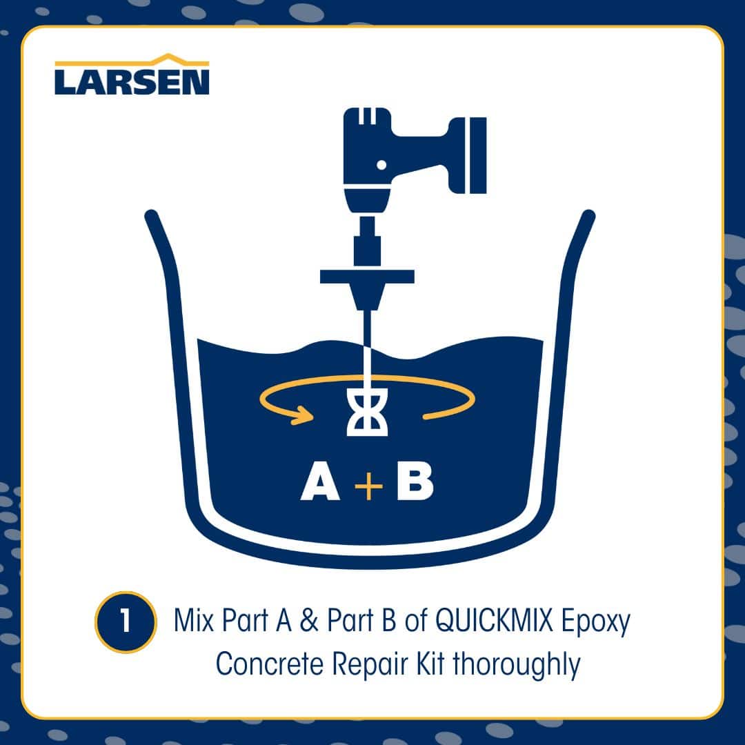 Step 2 of the Larsen Quickmix Epoxy Concrete Repair process — mixing the two-part epoxy components from the kit.