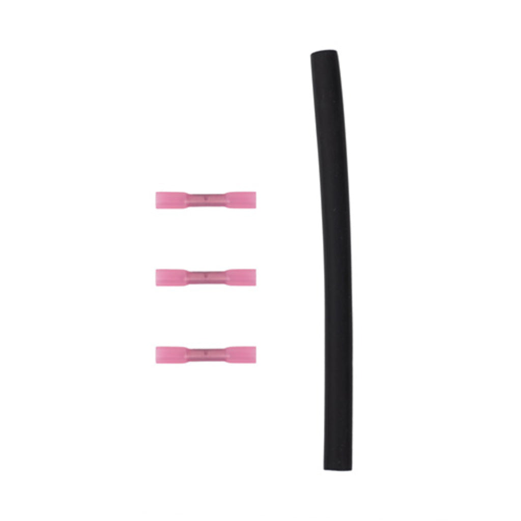 A single black insulated wire strip shown vertically next to three small pink terminal connectors on a plain white background.