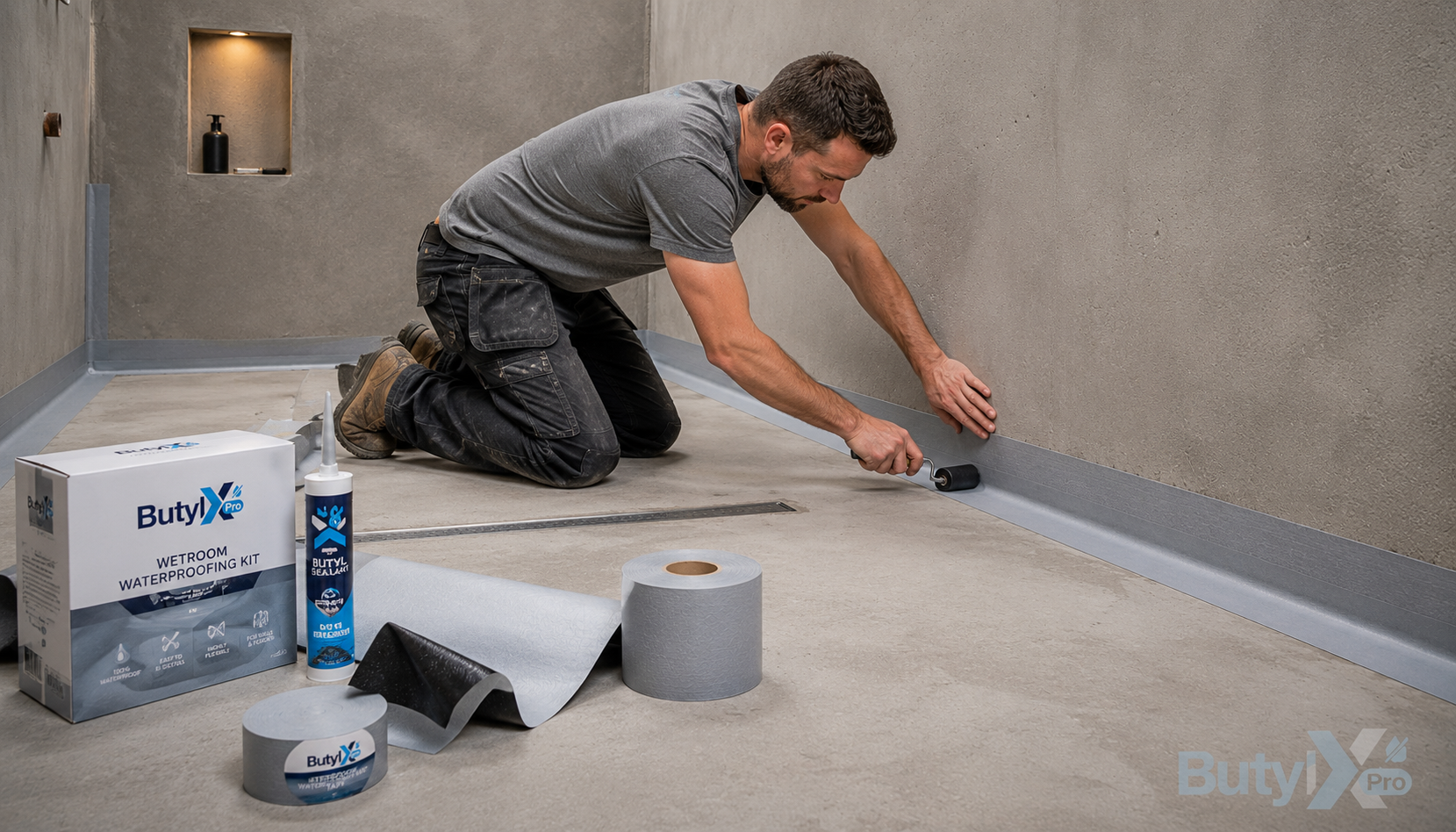 Tradesman rolling ButylX Pro waterproofing tape along the floor-wall junction in a wetroom, with the ButylX Pro Wetroom Waterproofing Kit box, butyl sealant tube, and tape rolls displayed in the foreground
