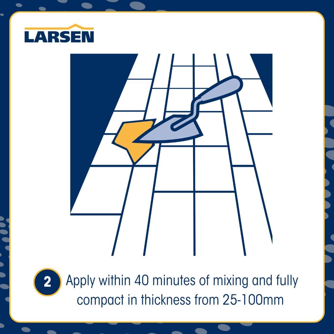 Step 3 of the Larsen Quickmix Sand & Cement application — adding the recommended amount of water to the dry mix.